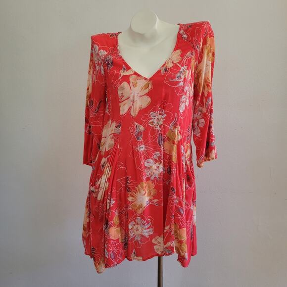 Free People All Eyes On You Floral Mini Swing Dress 4 Coral 3/4 Bell Sleeve - Picture 1 of 16